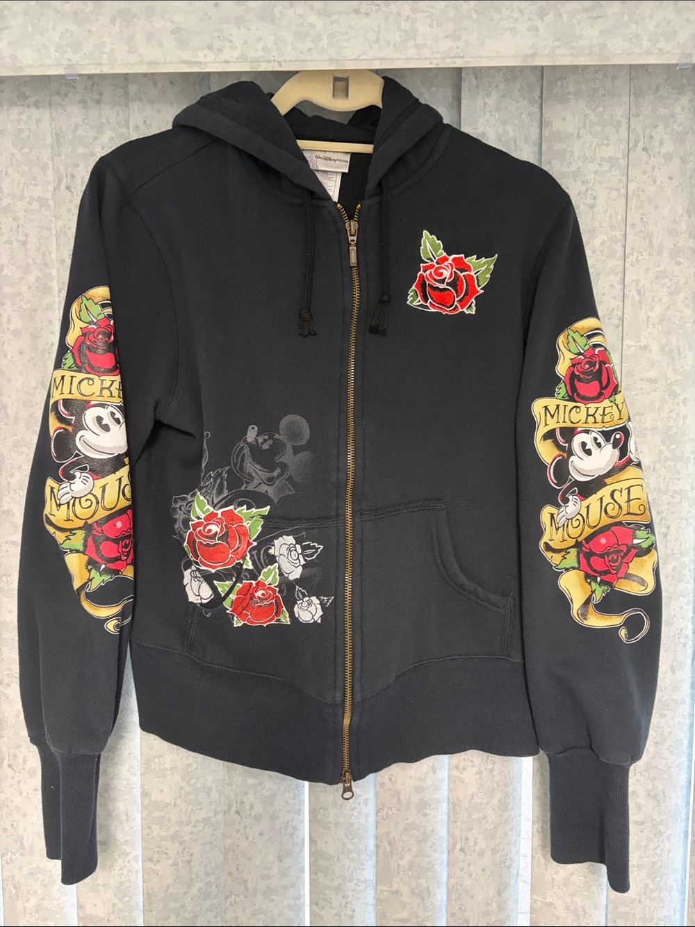 Walt Disney World Black Zip-Up Hoodie with Mickey and Rose Graphics